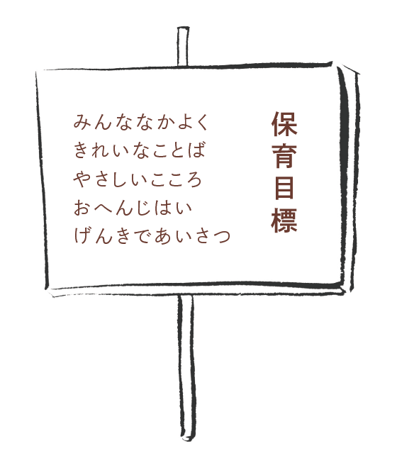 保育目標：みんななかよく、きれいなことば、やさしいこころ、おへんじはい、げんきであいさつ